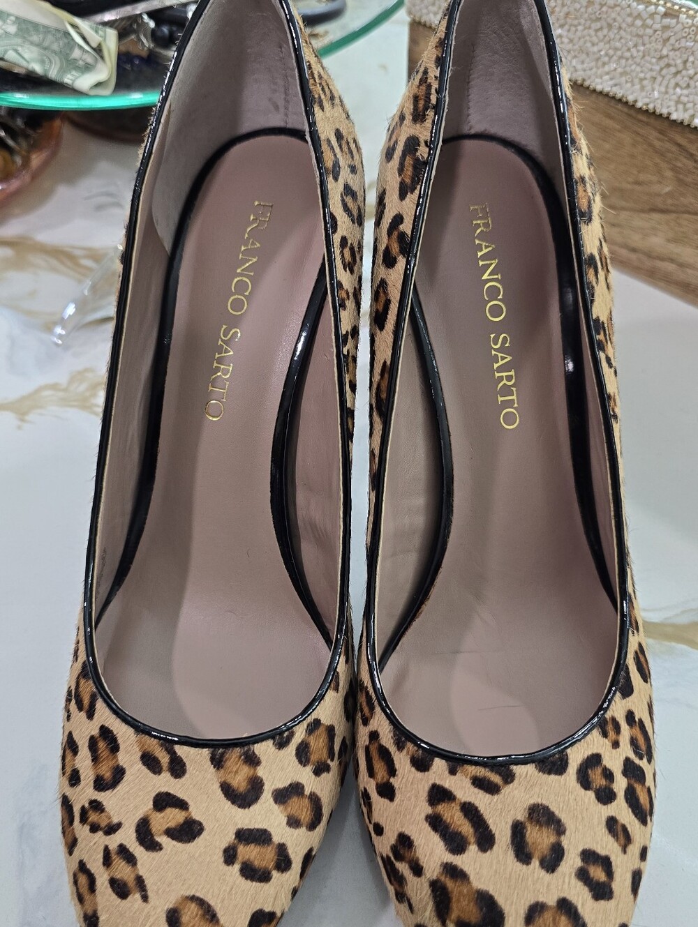 Franco Sarto Leopard Print Pumps with Black Patent Heel - Picture 9 of 11